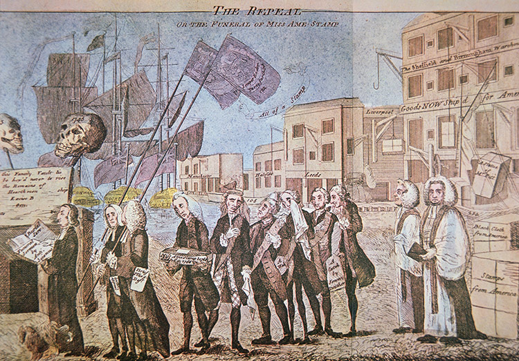 Taxing issue: The Repeal, or the Funeral of MIss Ame-Stamp, 1766