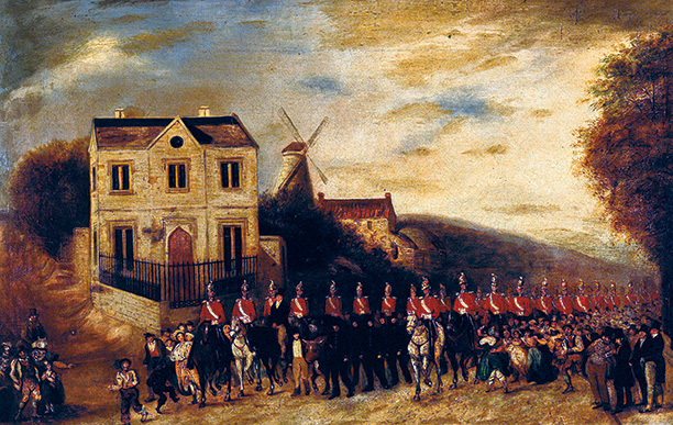 The bull escorted by dragoon guards from Tolethorpe to Stamford in 1839. 