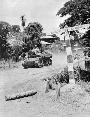A Stuart light tank of an Indian cavalry regiment during the advance on Rangoon, April 1945