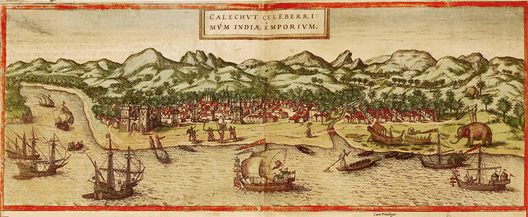 A depiction of Calicut, India published in 1572 dur-–-ing Portugal's control of the pepper trade