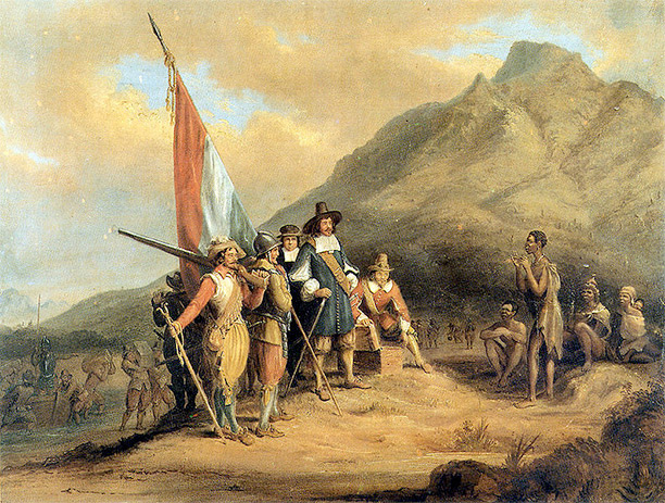 Jan van Riebeeck arrives in Table Bay in April 1652. Painting by Charles Bell (1813-1882)