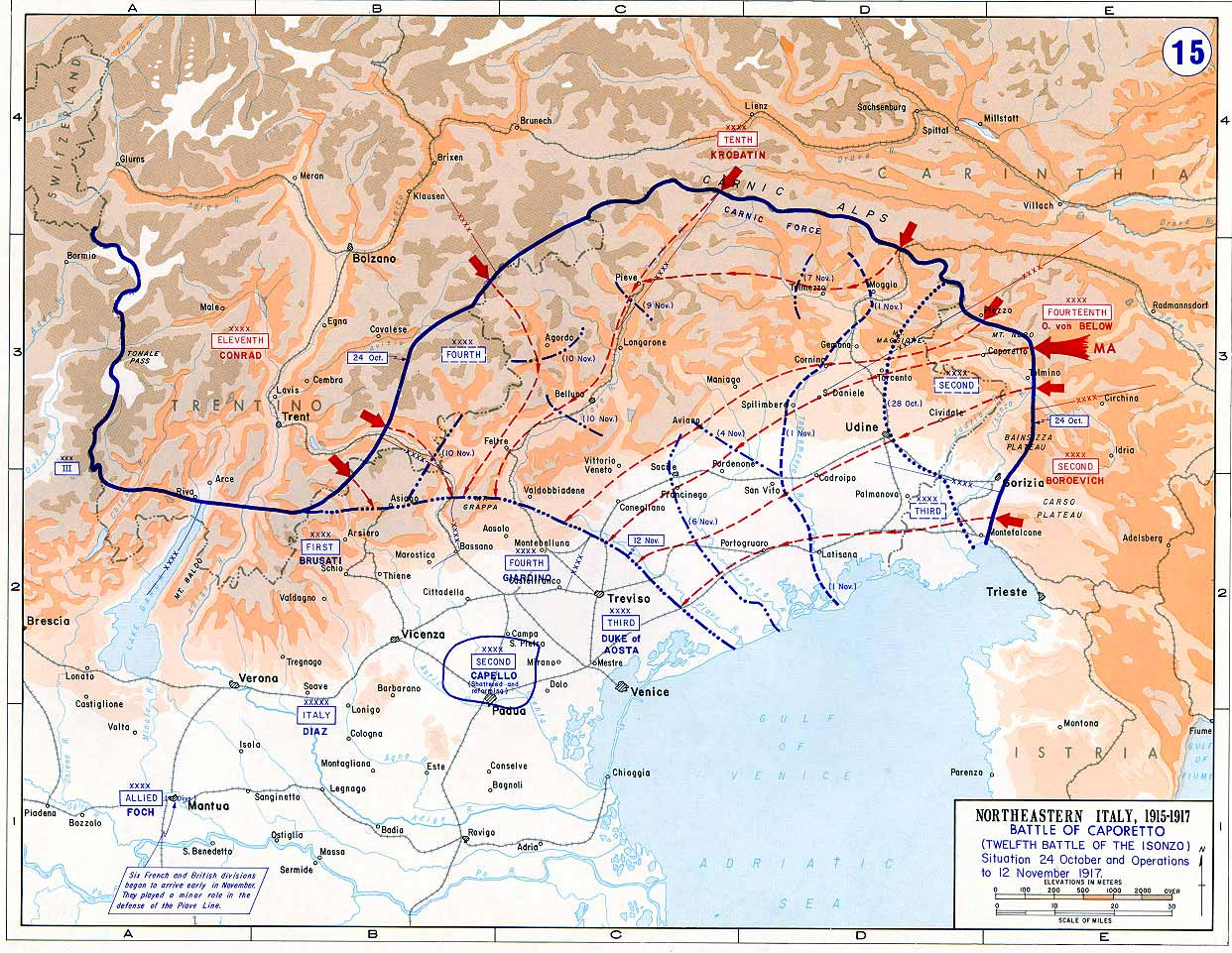 Map showing the northern extent of the Italian frontline before and after the Battle of Caporetto.
