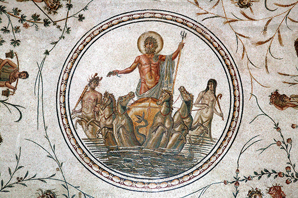 Re-emergence: a mosaic of Neptune, Carthage, first century AD. Rooster