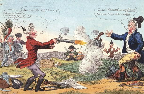 'Killing no murder, or a new ministerial way of settling the affairs of a nation!', a satire by Isaac Cruickshank of the duel between Castlereagh (l) and Canning that took place on September 21st, 1809