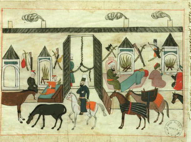 The interior of a Turkish caravanserai, or travellers' inn, coloured drawing in a 17th-century Ottoman manuscript. Art Archive/Dagli Orti/Museo Correr Venice