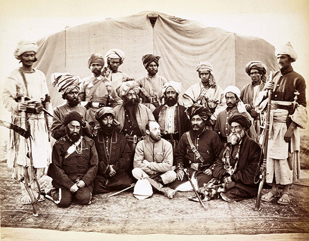 Among friends? Afghan chieftains surround Major Pierre Cavagnani, British deputy commissioner at Peshawar, 1897. Getty Images/Sceience & Society Picture Library
