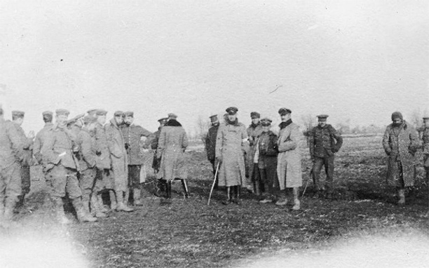 British and German troops meeting in No-Mans's Land during the unofficial Christmas truce of 1914