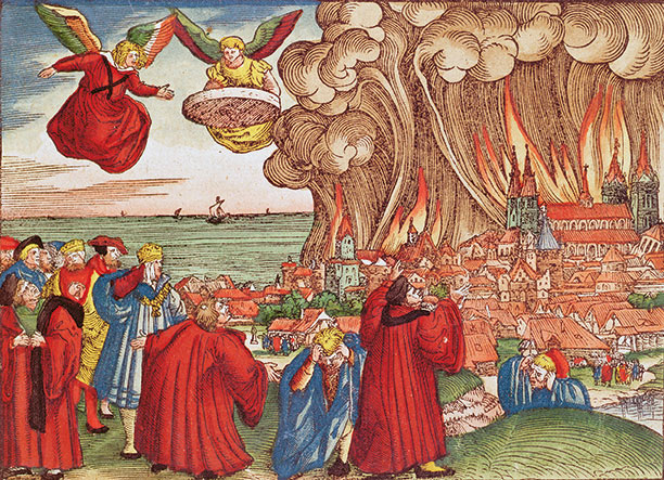 The end of the world: a coloured woodcut from the Luther Bible, c. 1530, illustrates the destruction of Babylon