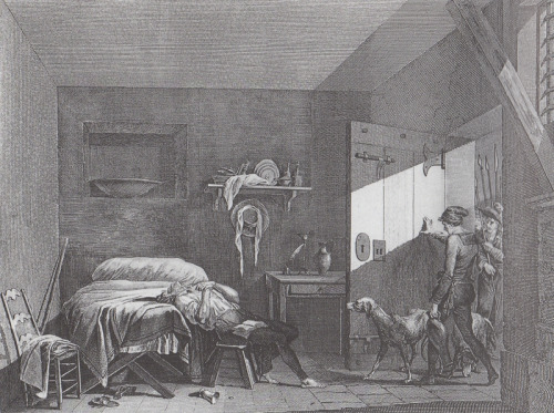 Engraving of the suicide of Condorcet in his prison cell in March 1794, with his jailers entering with their guard dogs.