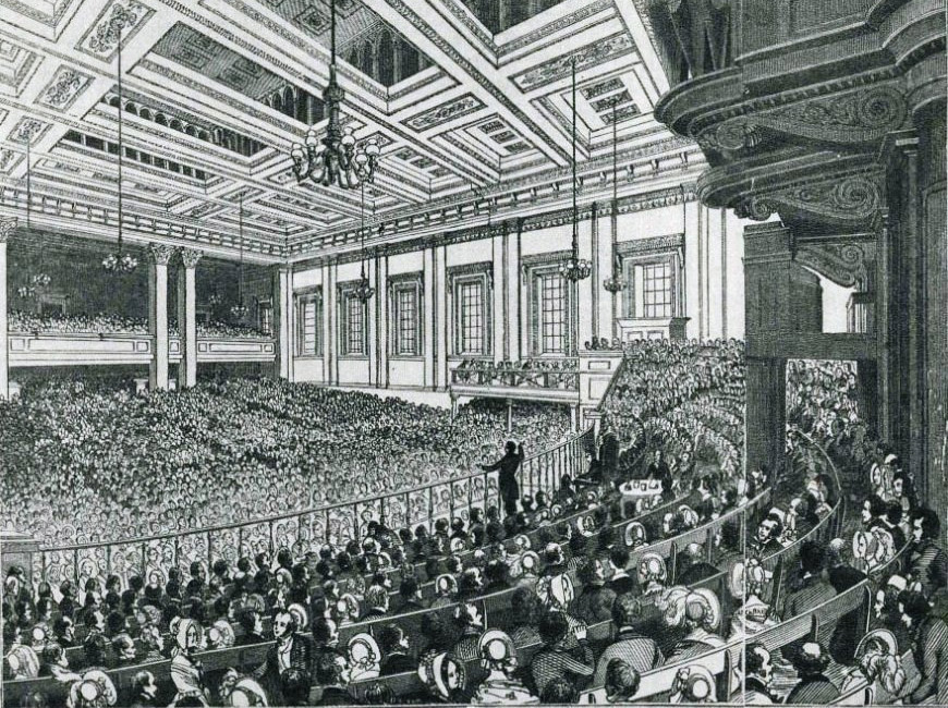 A meeting of the Anti-Corn Law League in Exeter Hall in 1846.