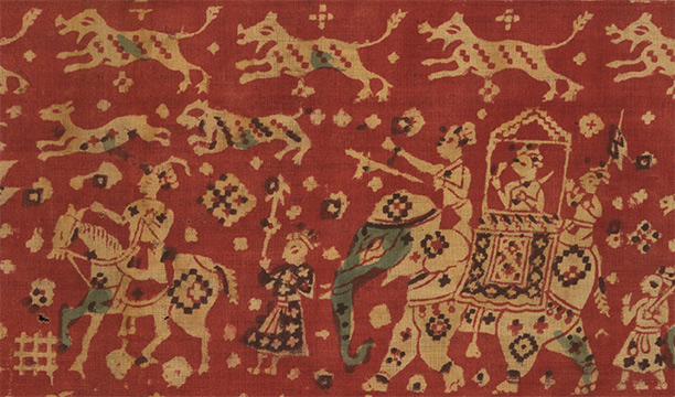 Block-printed ceremonial hanging with hunting scene, made in Gujarat for the Indonesian market, c.1700. British Museum