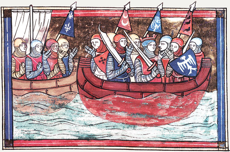 Crusaders embark for the Levant. From &#039;Le Roman de Godefroi de Bouillon&#039;, France, 1337. Bibliothèque Nationale / Bridgeman Images