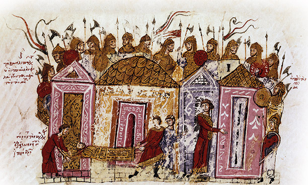 Imperial bodyguard: Viking mercenaries in a 12th-century Skylitzes manuscript. AKG Images / Biblioteca Nacional, Madrid