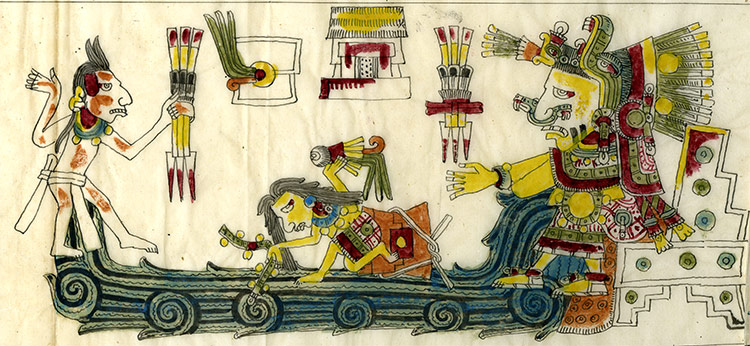 A boat bearing Chalchiuhtlicue, the Aztec goddess of rivers and water, a detail from a 19th-century facsimile edition of the Codex Borgia, a pre-Columbian manuscript.