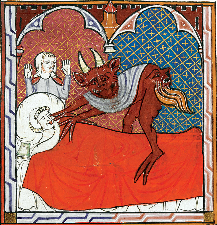 The devil appears over a man in his deathbed. French miniature, c.1300.