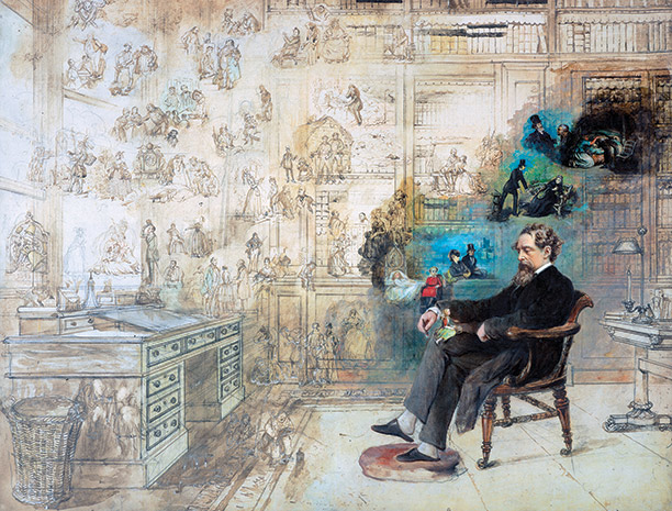 What the Dickens! The great Victorian novelist depicted at home among his creations by Robert William Buss, 1875.