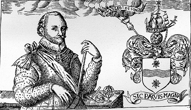 Sir Francis Drake with his new heraldic achievement, with motto: Sic Parvis Magna, translated literally: "Thus great things from small things (come)".