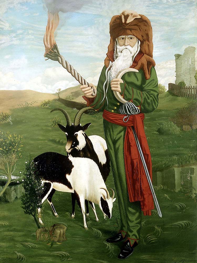 William Price of Llantrisant (1800-1893) in druidic costume, with goats. A C Hemming, 1918.