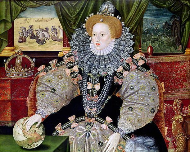 Portrait of Elizabeth to commemorate the defeat of the Spanish Armada (1588), depicted in the background. By George Gower.