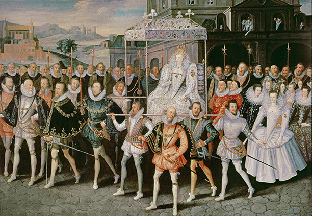 'Eliza Triumphans' by Robert Peake c.1601 shows Elizabeth in procession to Blackfriars with her courtiers. Bridgeman/Private Collection