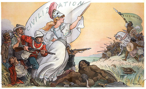 'From the Cape to Cairo', Puck, 1902. Britannia leads civilising soldiers and colonists against Africans as Civilisation conquers Barbarism. Library of Congress