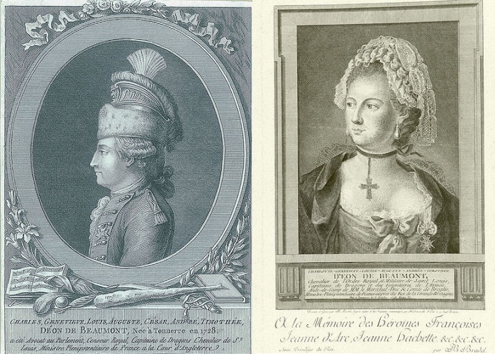 Two different depictions of the Chevalier d'Eon. The left hand one is by Pierre-Adrien Le Beau; to the right is an engraving by J.B. Bradel dated 1779.