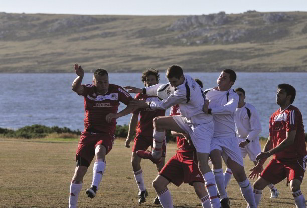 Political football: the Falkland Islands team take on a side made up of members of the British army in January 2012. Photo: Getty Images/Gamma-Rapho