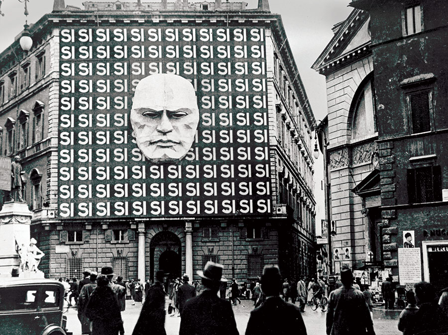 Yes man: mask of Mussolini on the façade of the Fascist Part Headquarters, Rome, 1934.
