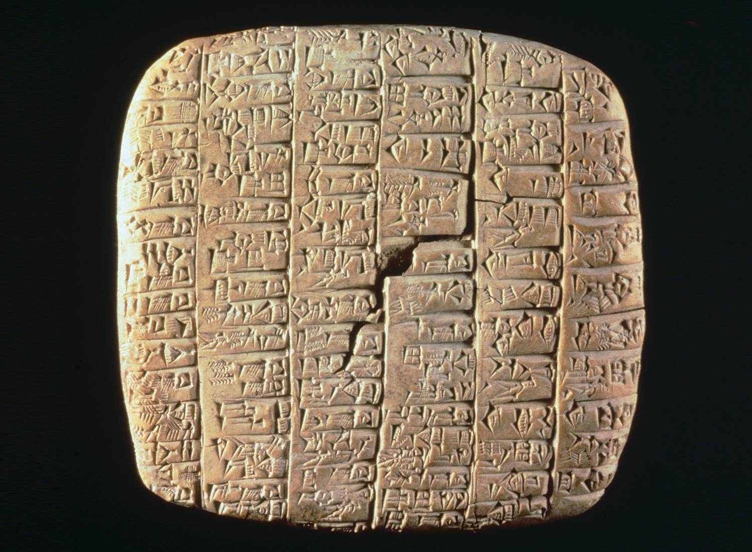 A clay tablet discovered at Ebla engraved with cuneiform characters, third millennium BC.