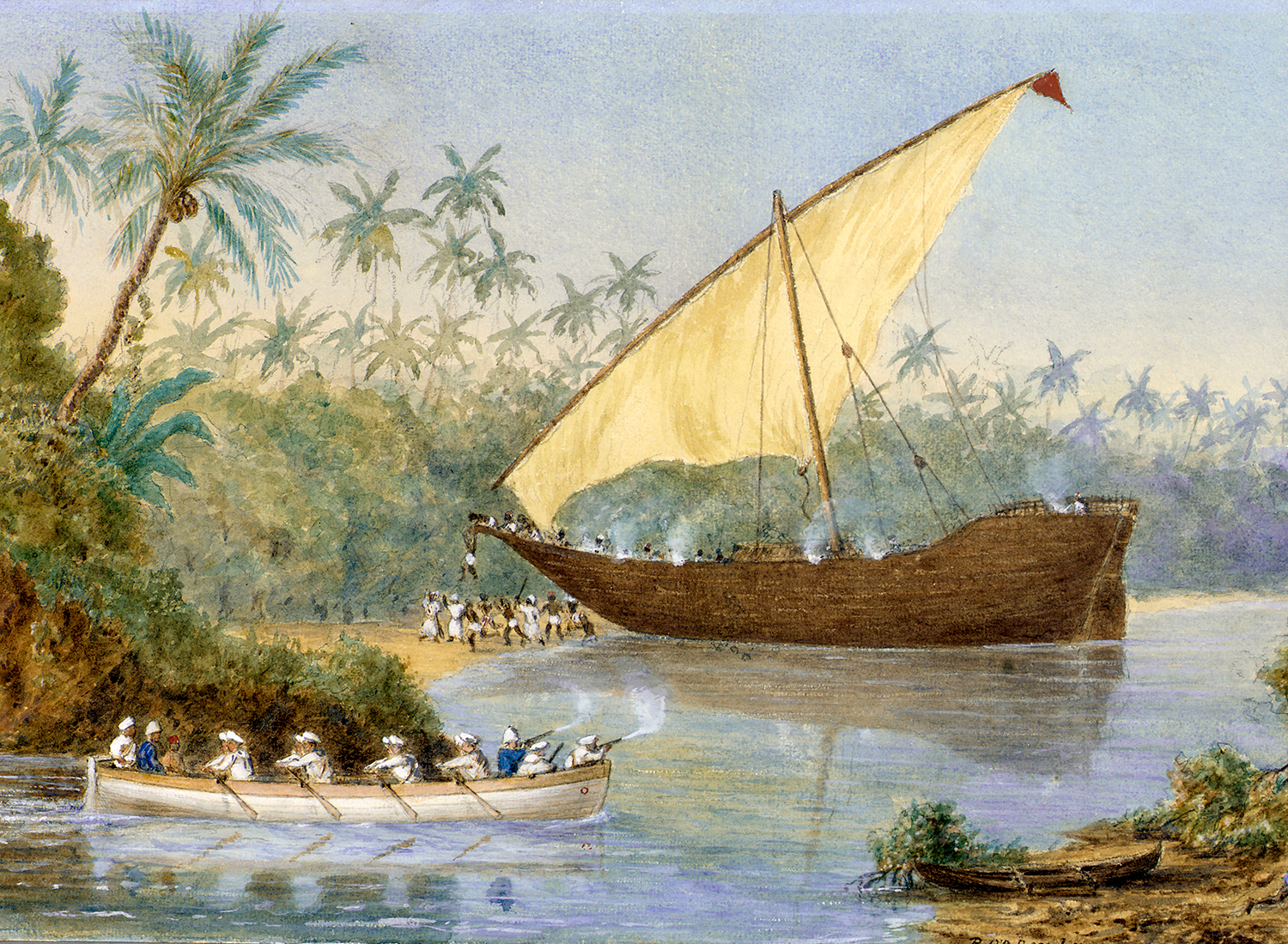  HMS London chasing a slaving dhow near Zanzibar. Watercolour by Rev Robert O’Donelan Ross-Lewin, 1876-77. (National Maritime Museum, Greenwich)