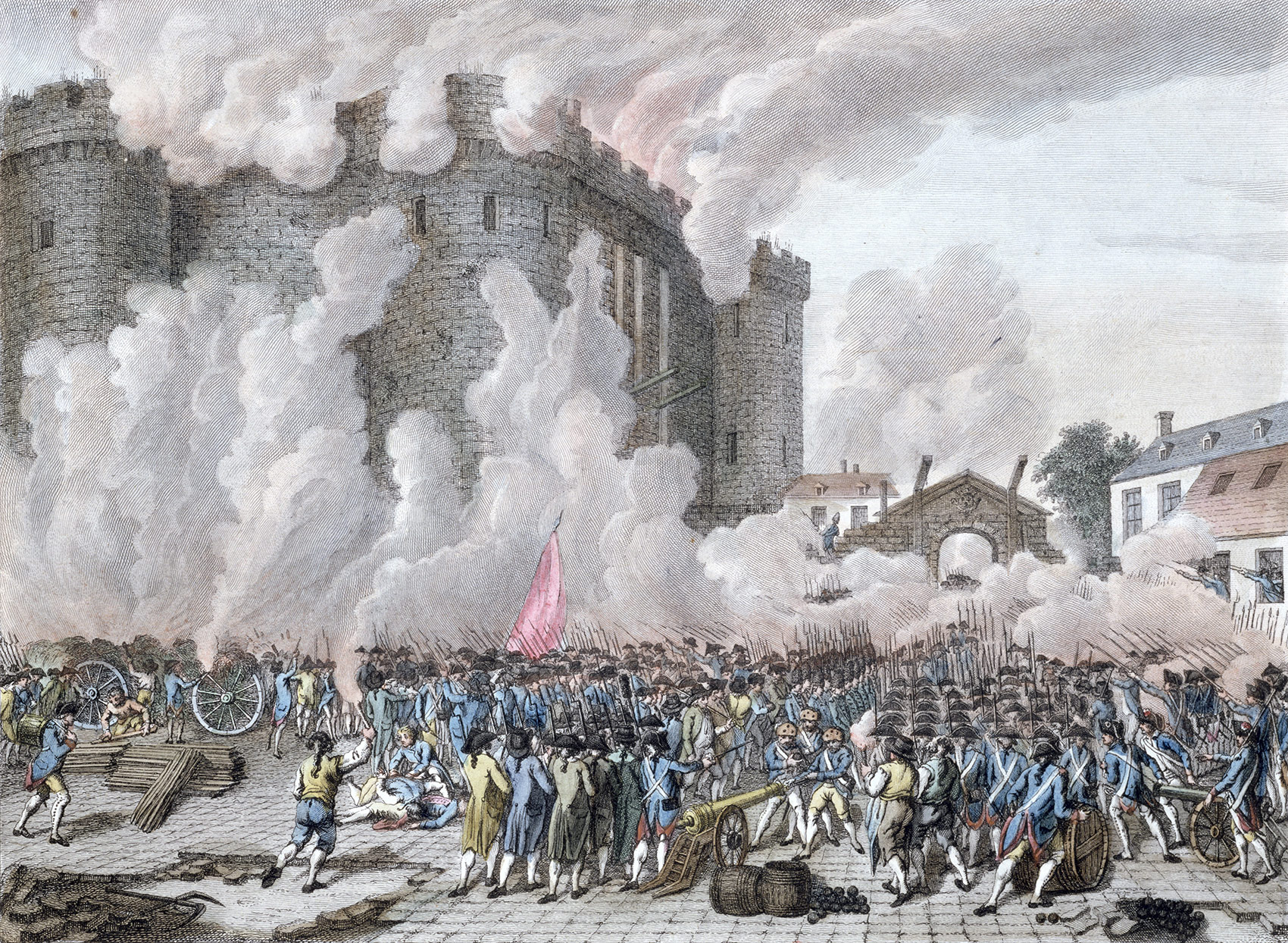 The Taking of the Bastille, July 14th, 1789. Contemporary colour engraving