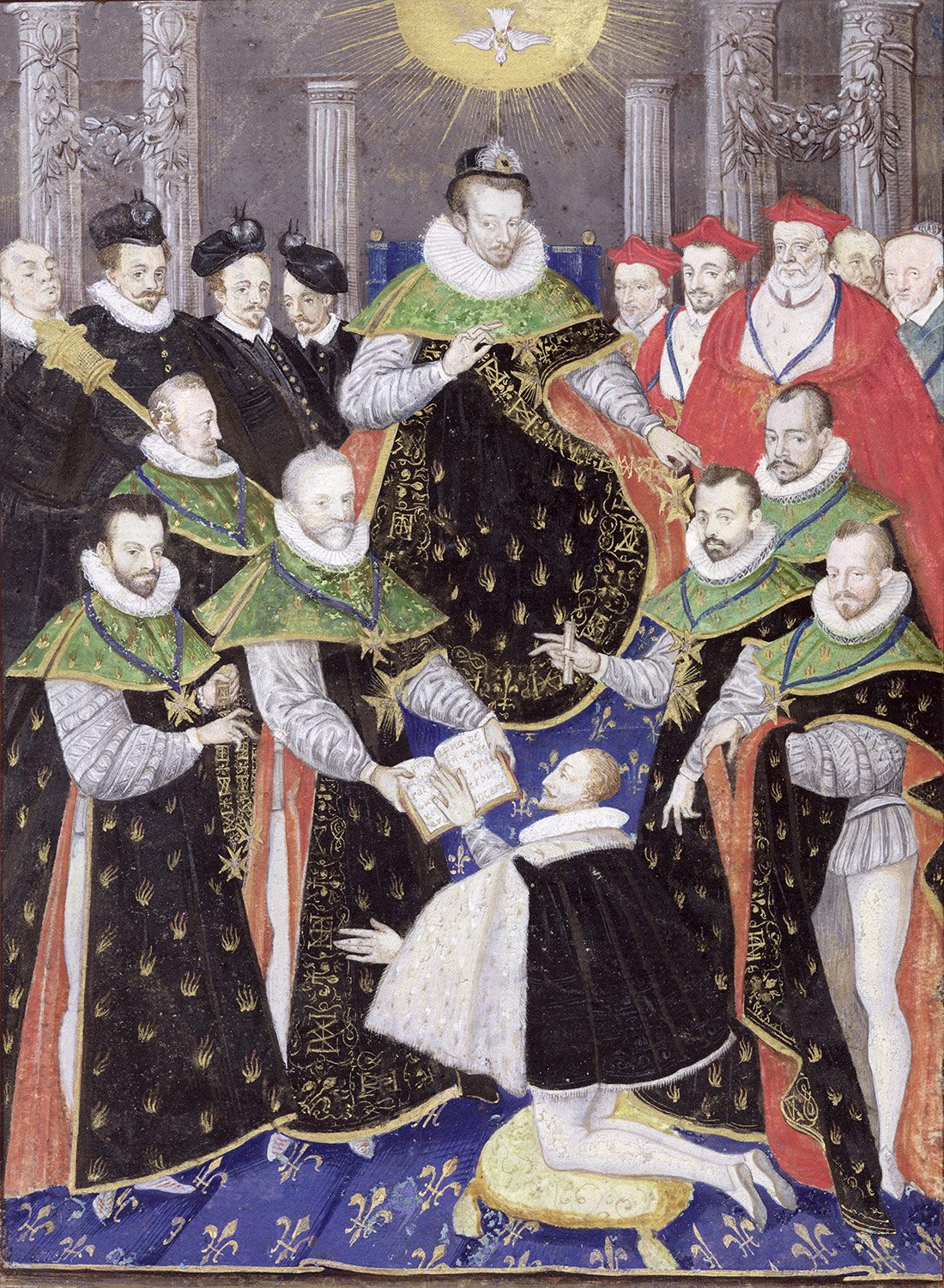 Henry III at court, from the First Chapter of the Holy Spirit, 16th-century manuscript.