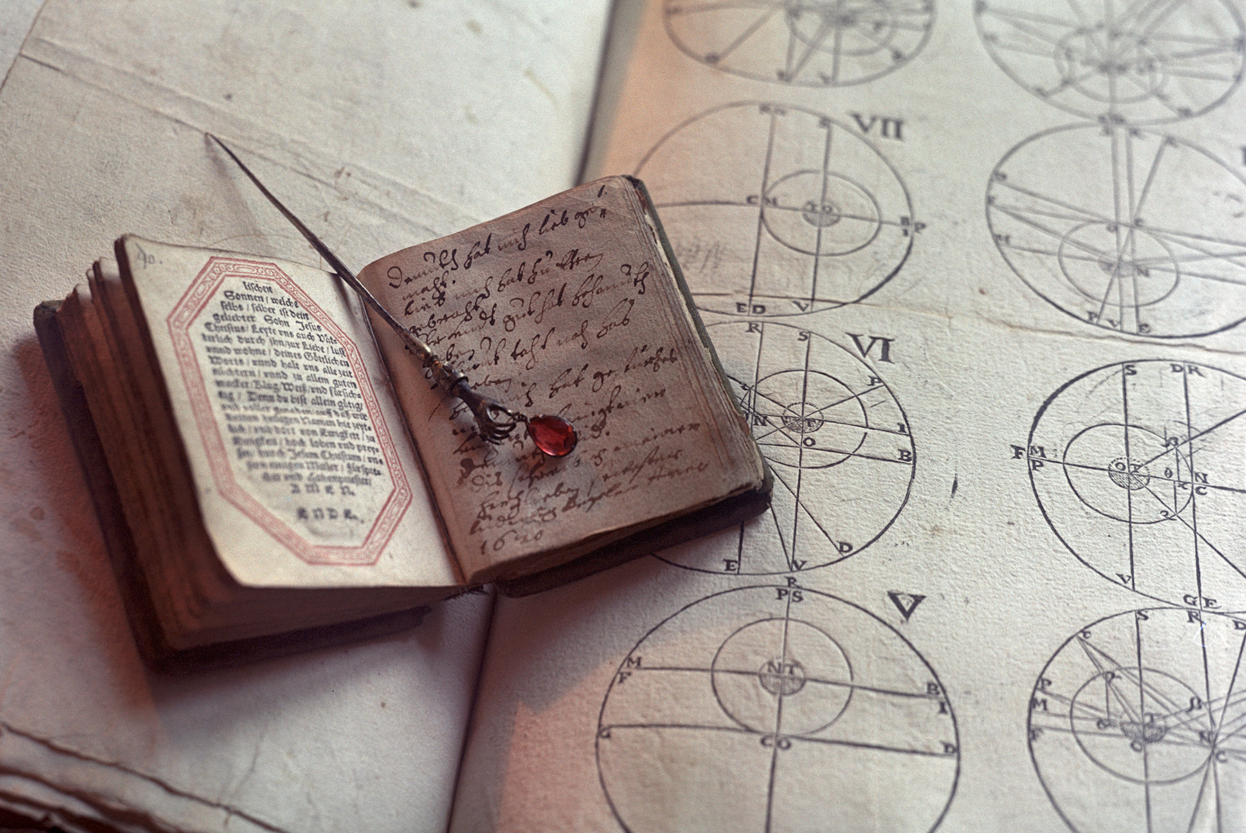 Johannes Kepler's prayer book and his wife's hairpin on a manuscript of his work.