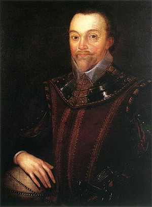 A 16th century oil on canvas portrait of Sir Francis Drake in Buckland Abbey, painting by Marcus Gheeraerts the Younger.