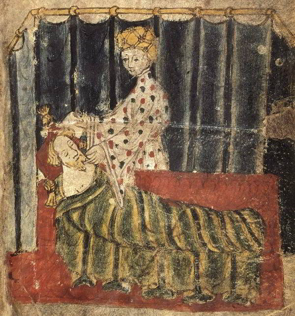 Gawain is visited by the lady of the castle. Illumination from the manuscript 'Cotton Nero A.X', c.1375-1400