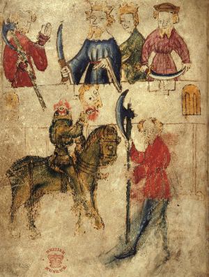 The Green Knight on horseback holds his severed head beside Sir Gawain, who stands with an axe, watched by King Arthur and Guinevere. Illumination from 'Cotton Nero A.X', c.1375-1400