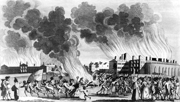 'The Mob destroying & Setting Fire to the Kings Bench Prison & House of Correction in St George's Fields': a print made during the Gordon Riots, 1780