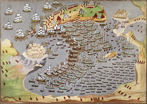 Greek painting of the Battle of Navarino on October 20th, 1827 shows British, French and Russian navies destroying the Turkish and Egyptian fleets