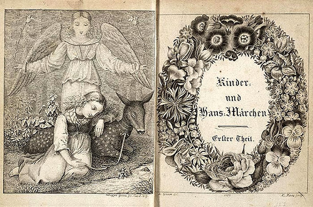 Frontispiece and decorative title page of an 1819 edition of the Brothers Grimm's 'Kinder-und Hausmarchen', illustrated by Ludwig Emil Grimm with engravings by L. Haas.