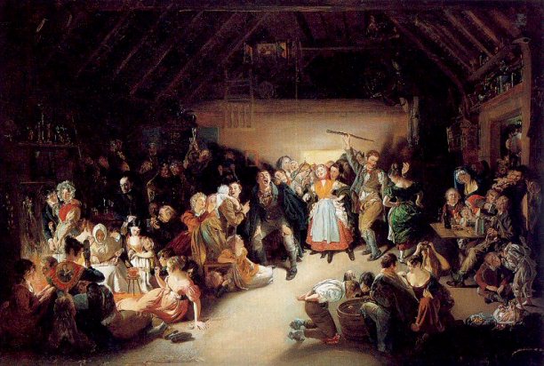 Snap-Apple Night (1832) by Daniel Maclise. Depicts apple bobbing and divination games at a Halloween party in Blarney, Ireland.