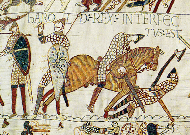 Harold Rex Interfectus Est: "King Harold is killed". Scene from the Bayeux Tapestry depicting the Battle of Hastings and the death of Harold.