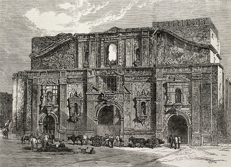 Ruins of the Church of Compania after the fire of December 1863, from Illustrated London News, 6 February 1864. (Bridgeman Images)