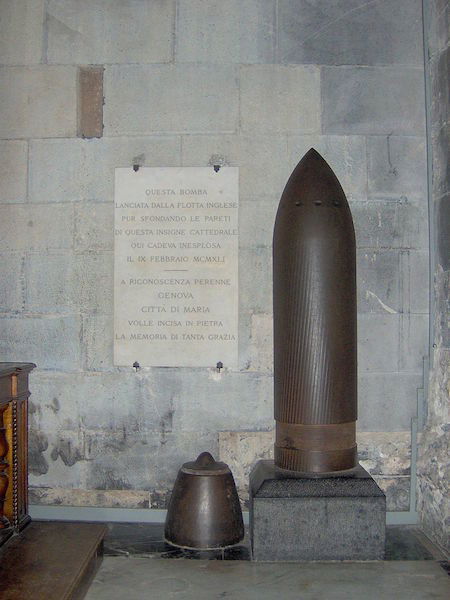 The unexploded shell, fired by HMS Malaya, in the nave of Genoa Cathedral The unexploded shell, fired by HMS Malaya, in the nave of Genoa Cathedral