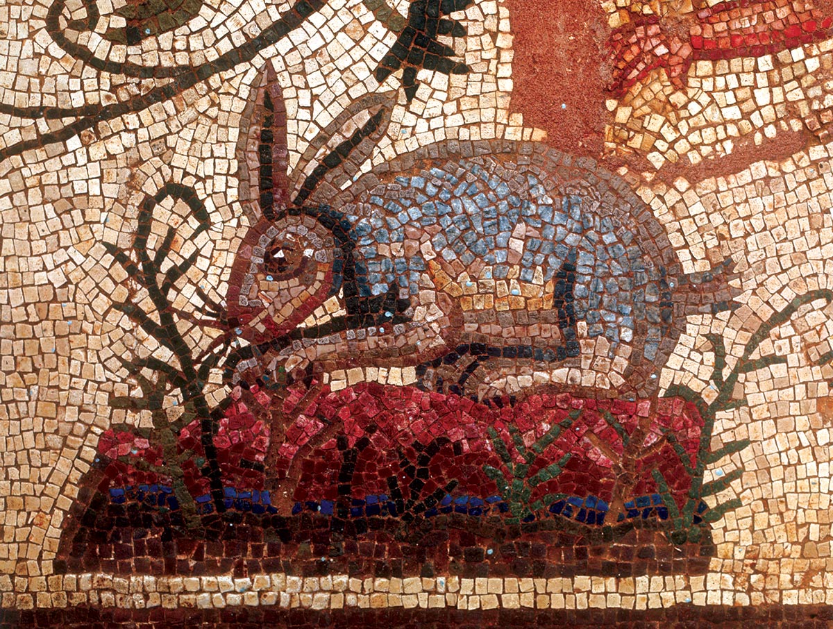 ‘Oh, my fur and whiskers!’:  a hare or rabbit mosaic, from the House of Dionysus, Cyprus, third century AD © Bridgeman Images 