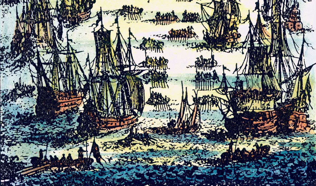 A fishing fleet on the Grand Banks off the coast of Newfoundland, copper engraving, French, 1683 © Bridgeman Images.