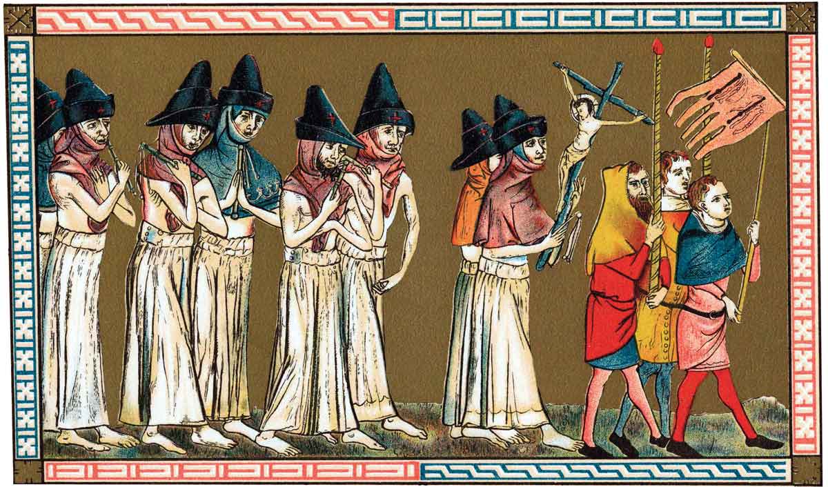 Flagellants known as the Brothers of the Cross proceed through Tournai to free the world of the plague. Chromolithograph after the Chronica Aegidii Li Muisis (1349) © Ann Ronan/Getty Images. 