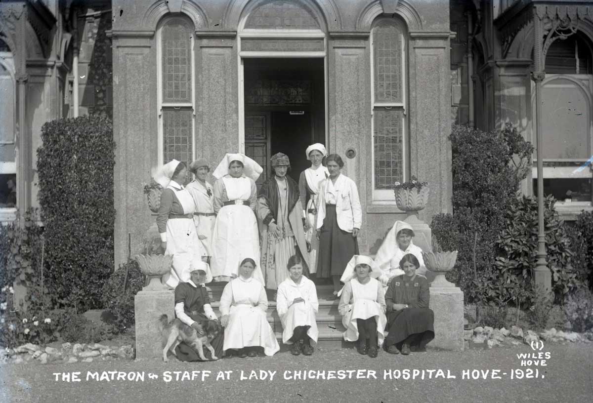 Photograph of the matron and staff of the Lady Chichester Hospital, Hove, 1921. East Sussex Record Office.