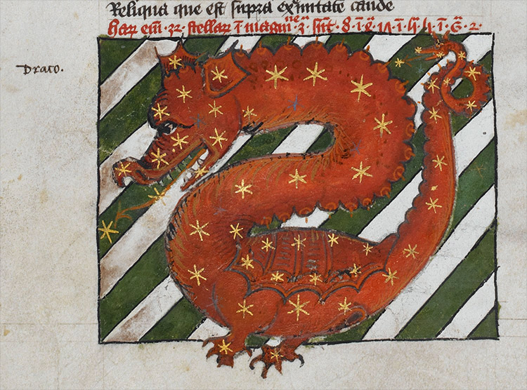 Detail of a miniature of the dragon constellation ('Draco'), in tables from Ptolemy's Almagest.