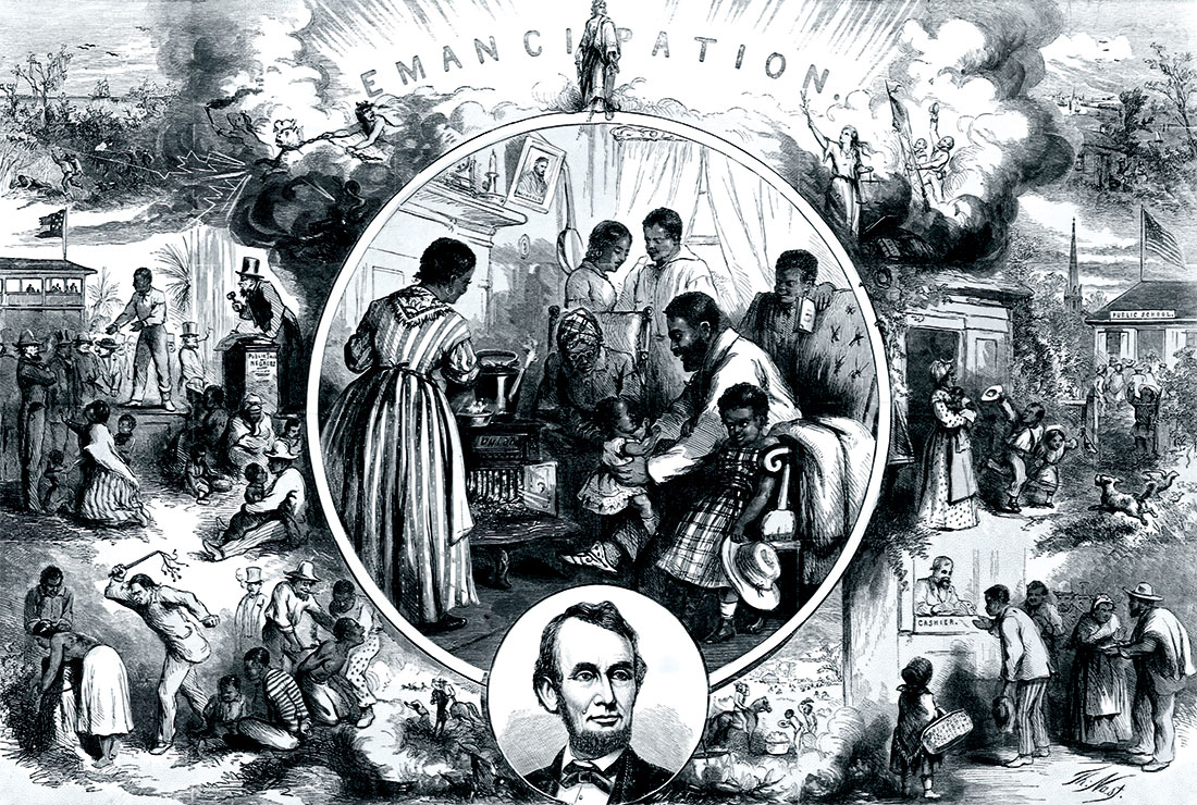 Change at last: engraving celebrating the emancipation of slaves, by Thomas Nast, c.1863.