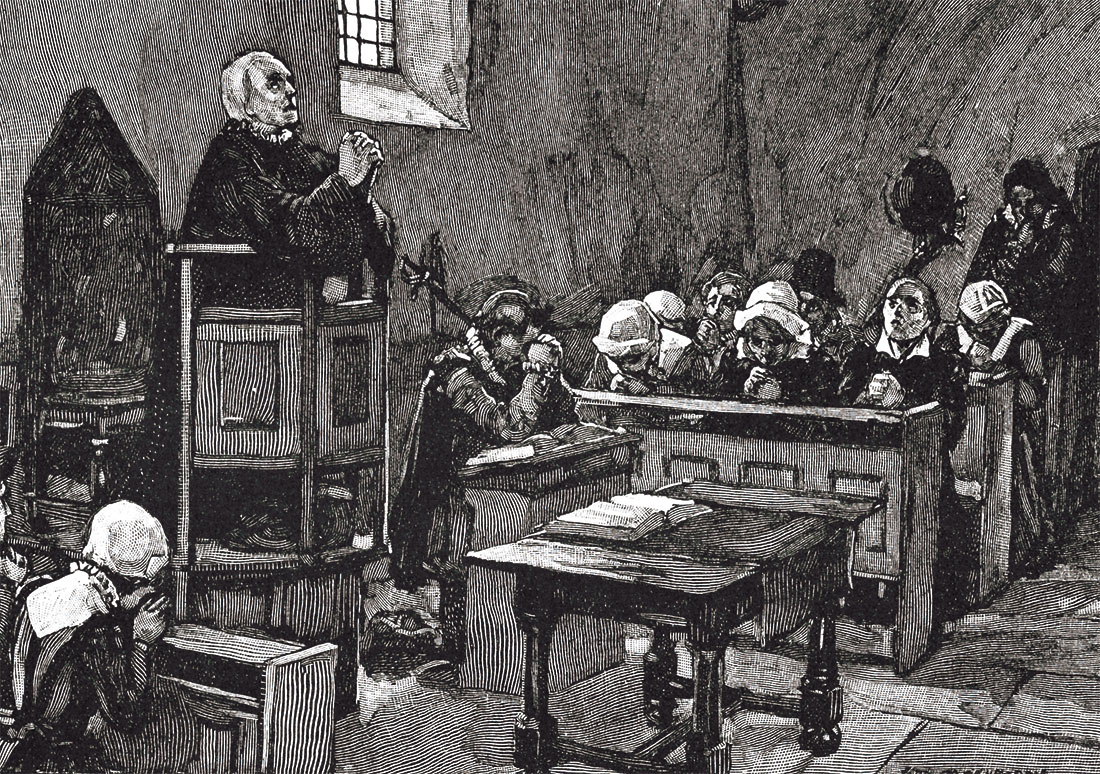 Behaving: puritan worship in the time of Elizabeth I, lithograph from The Church of England: A History for the People, by H.D.M. Spence-Jones, 1910.